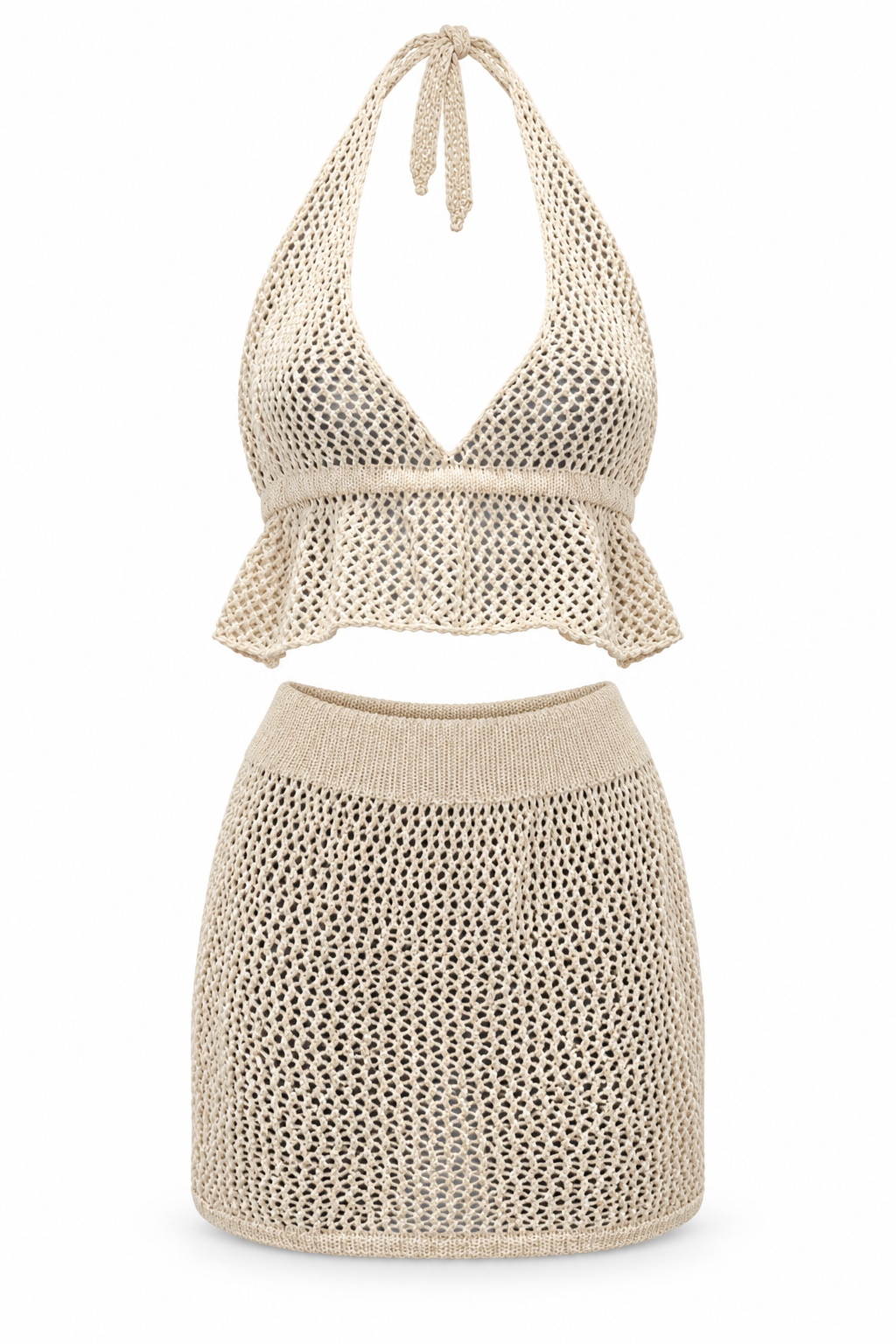Beige Crochet Halter Top and Skirt Set — front garment view