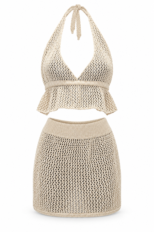 Beige Crochet Halter Top and Skirt Set