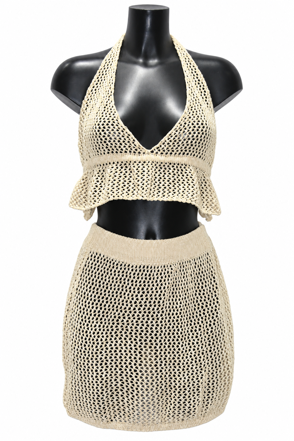 Beige Crochet Halter Top and Skirt Set — original mannequin view