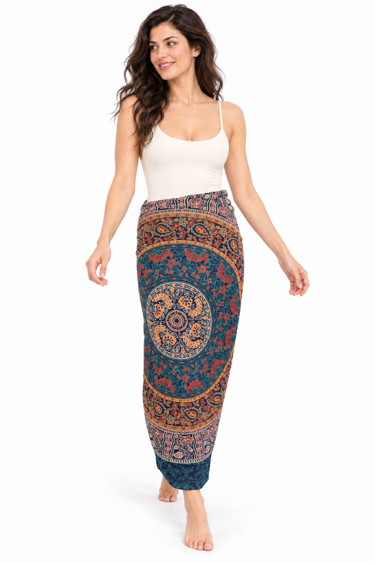 Teal Ornate Mandala Sarong — waist wrap model view