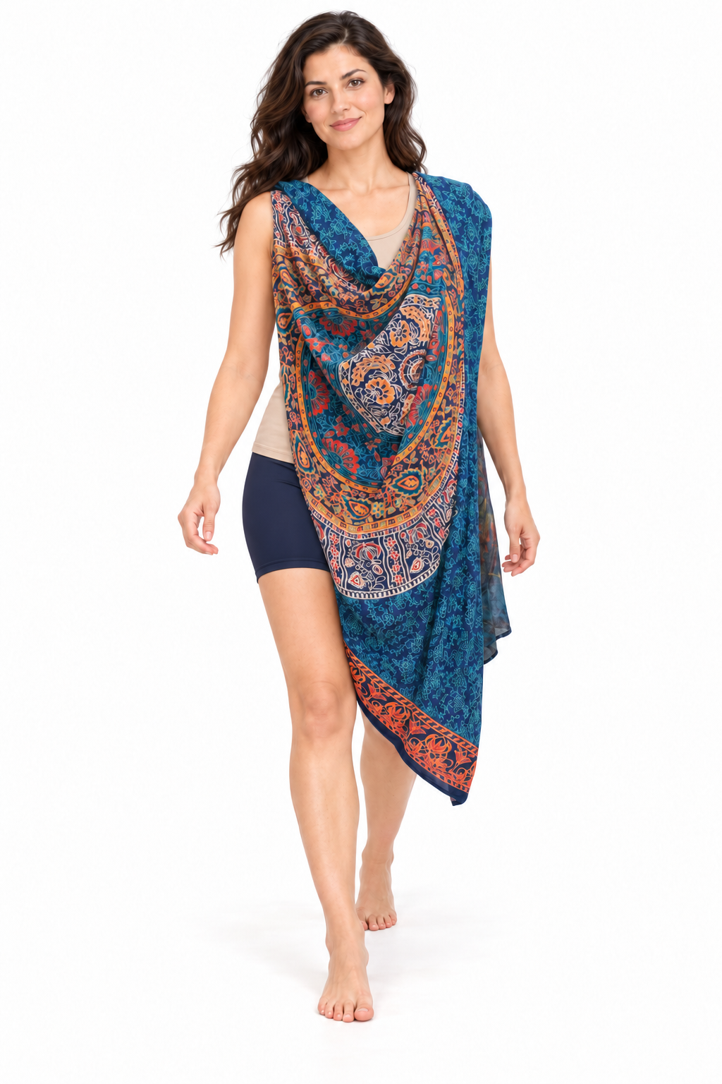 Teal Ornate Mandala Sarong — shoulder wrap model view