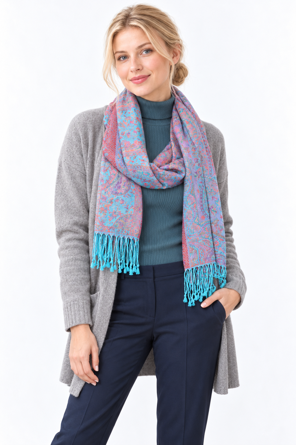 Turquoise Pink Large Paisley Scarf / Shawl — winter styling model view
