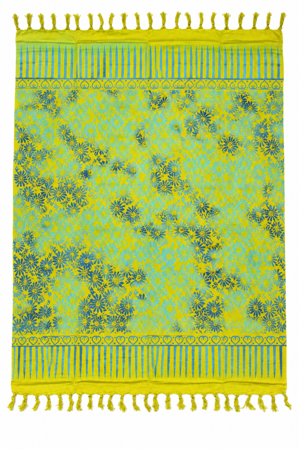 Yellow Pale Blue Floral Sarong — full opened product with fringed ends