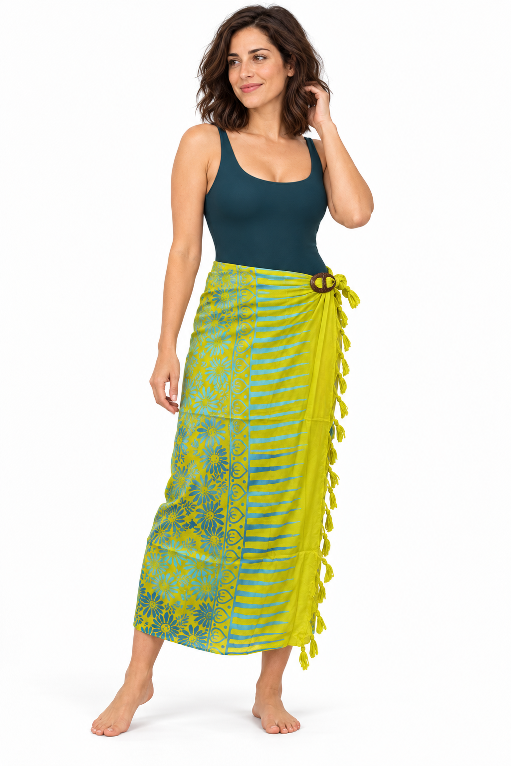 Yellow Pale Blue Floral Sarong — long beach wrap with oval two-hole coconut buckle