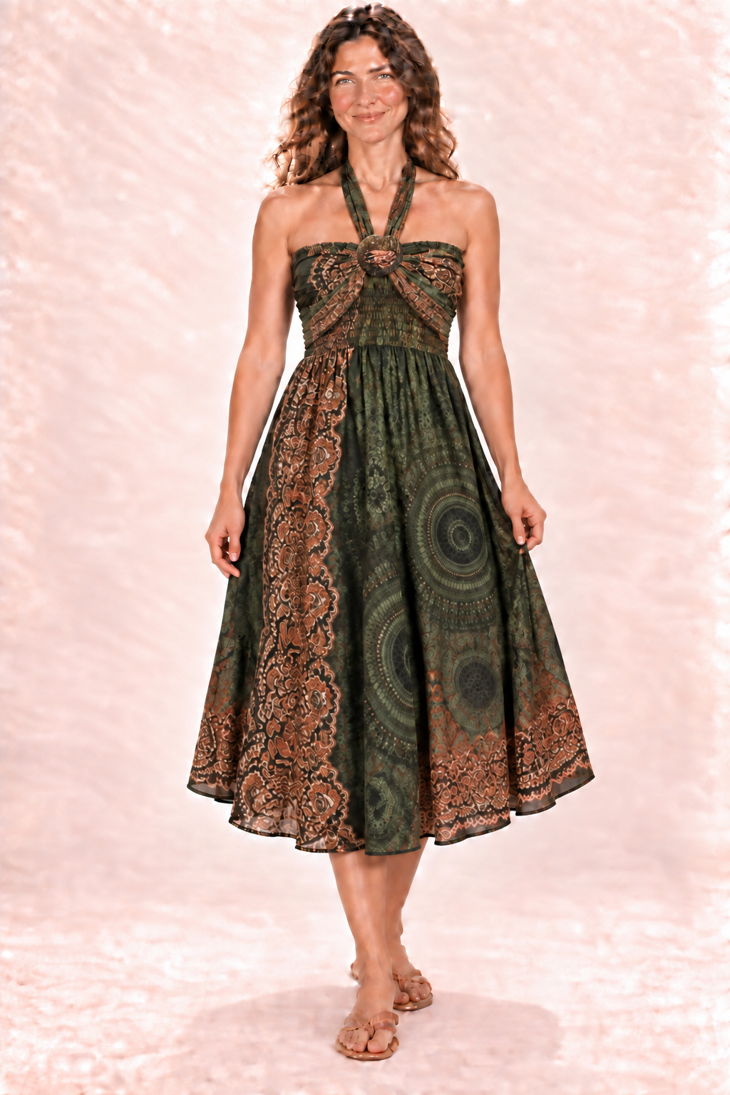 Coco Dress - Olive Rust Pattern — Dress — front view
