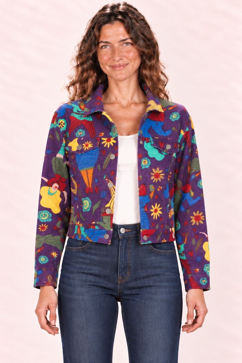 Corduroy Jacket - Purple Multicolour Abstract Pattern — Closeup