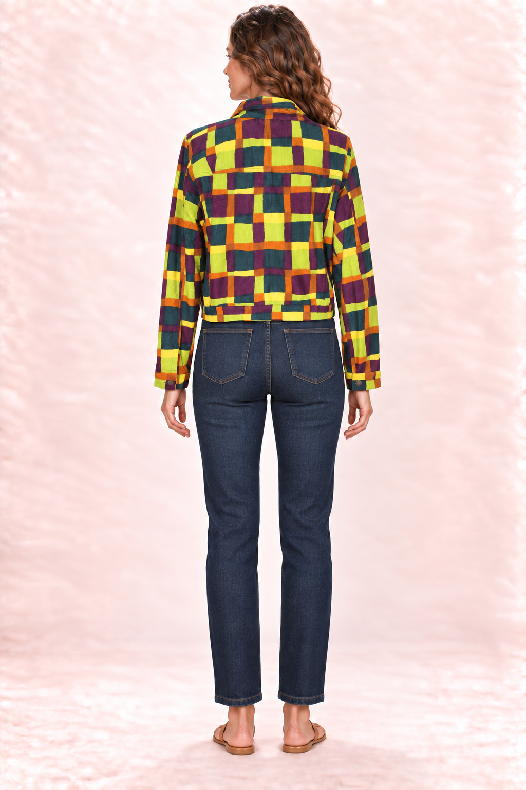 Corduroy Jacket - Yellow Green Multicolour Checks — Back