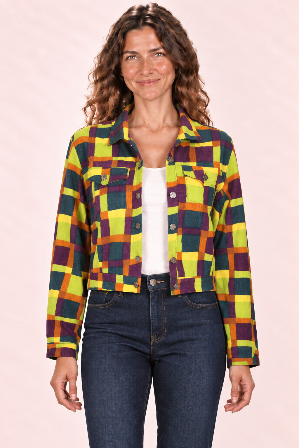 Corduroy Jacket - Yellow Green Multicolour Checks — Closeup