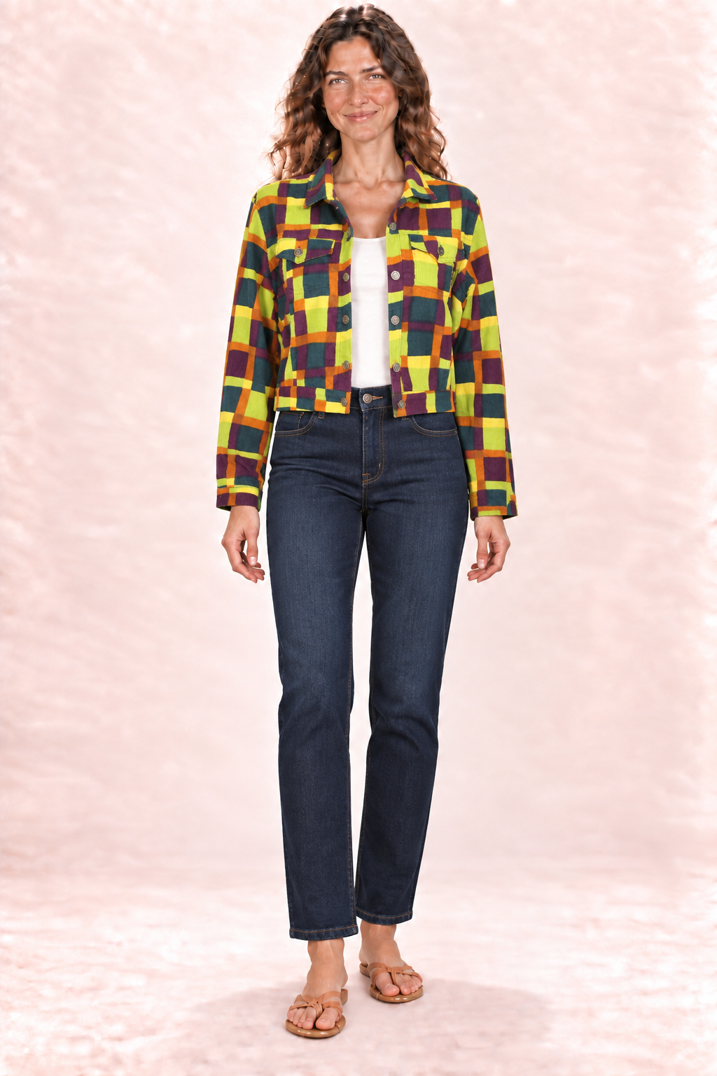 Corduroy Jacket - Yellow Green Multicolour Checks — front view