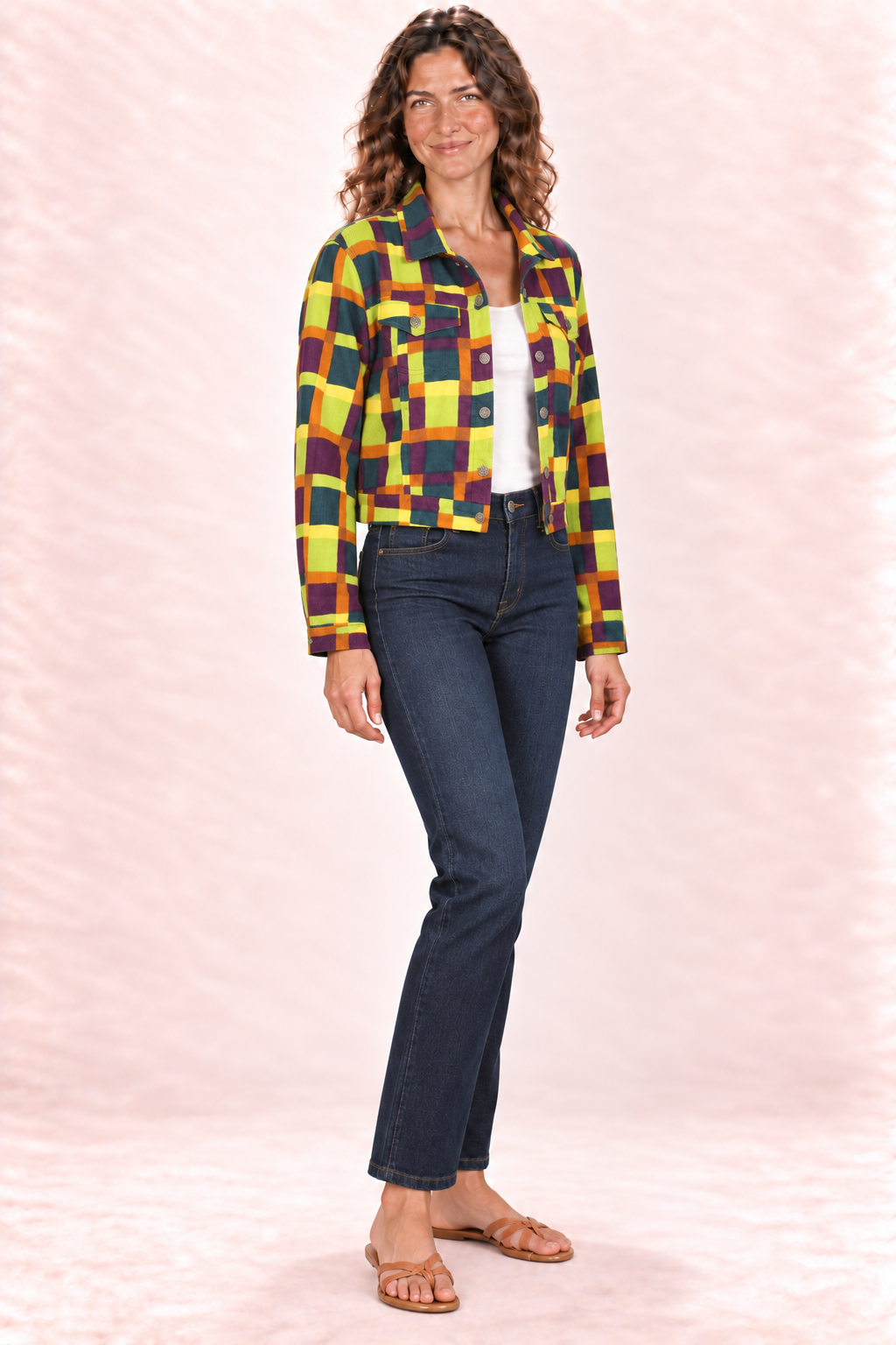 Corduroy Jacket - Yellow Green Multicolour Checks — Quarter Side