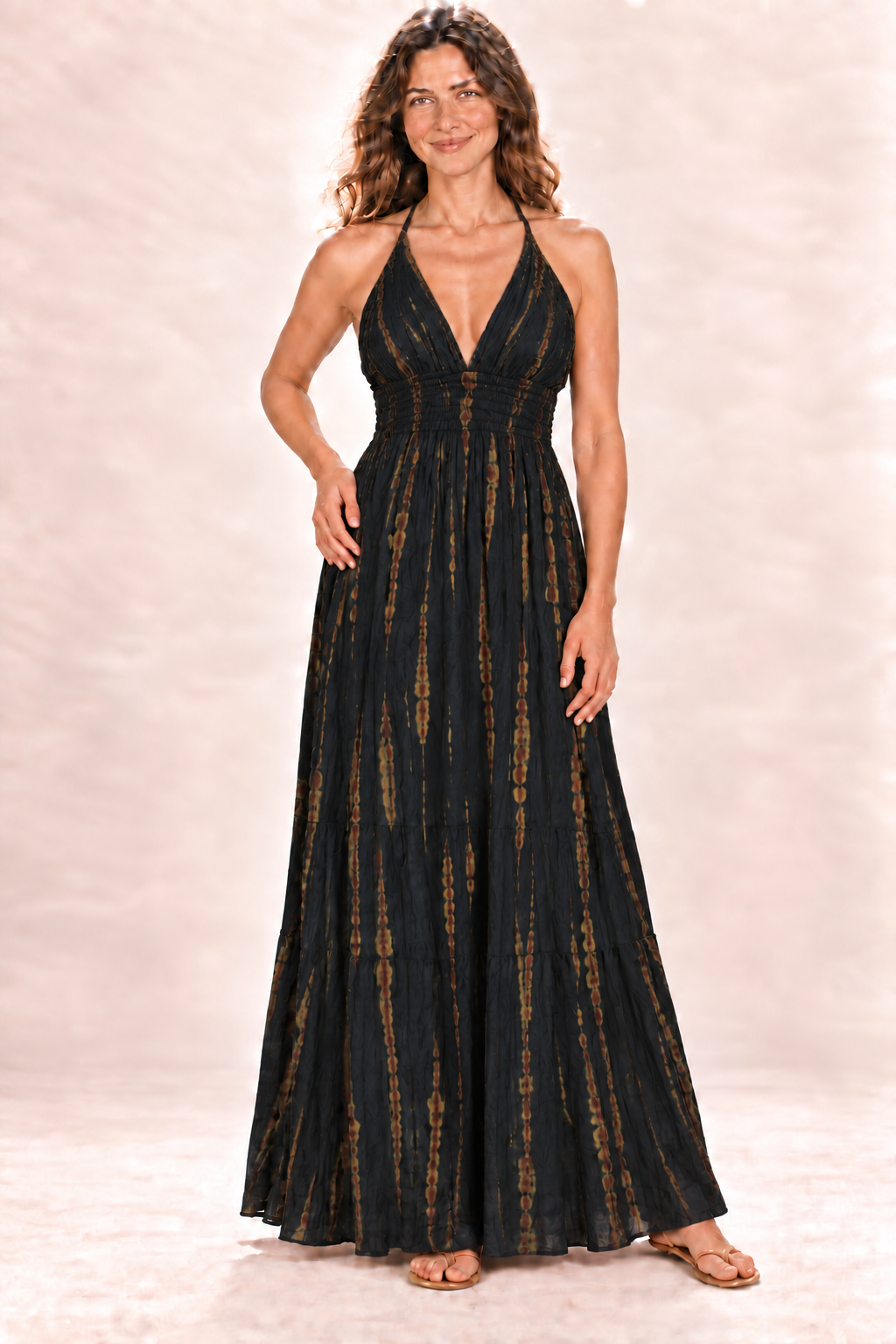 Long Halter Dress - Black and Gold — front view