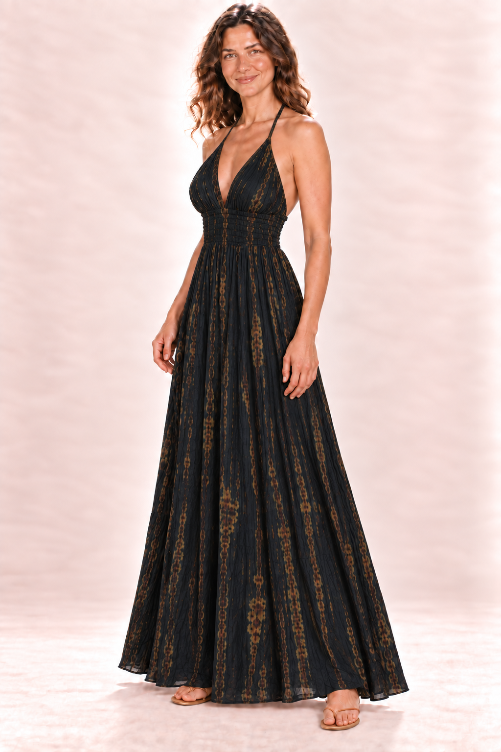 Long Halter Dress - Black and Gold — Quarter Side