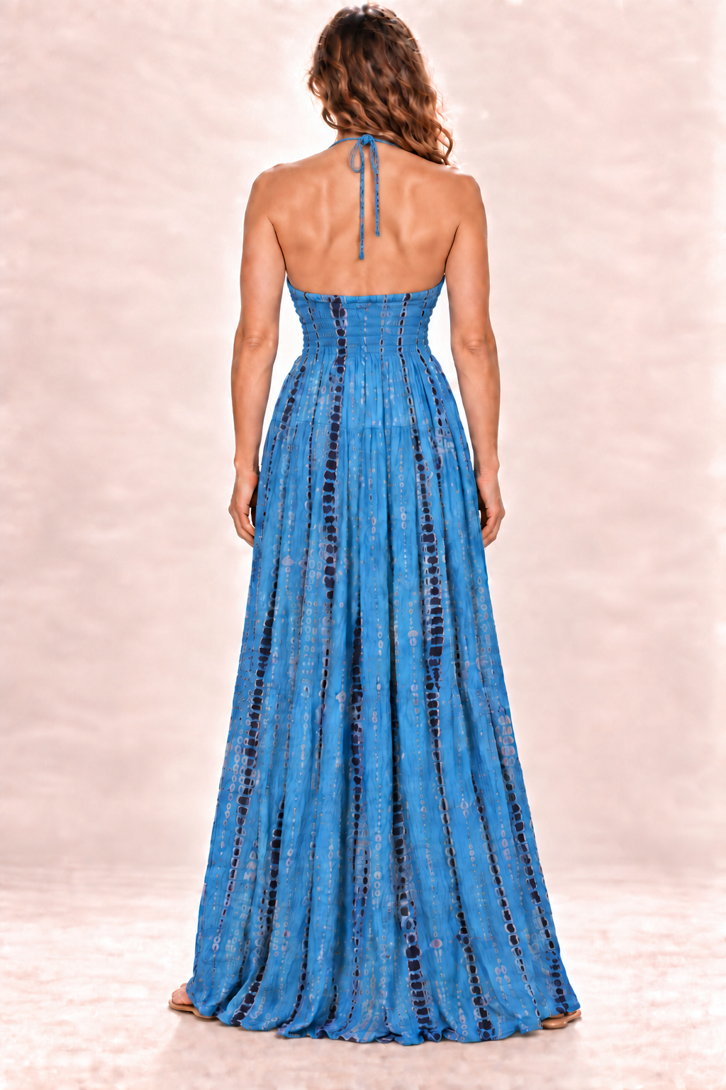Long Halter Dress - Blue Pattern — Back