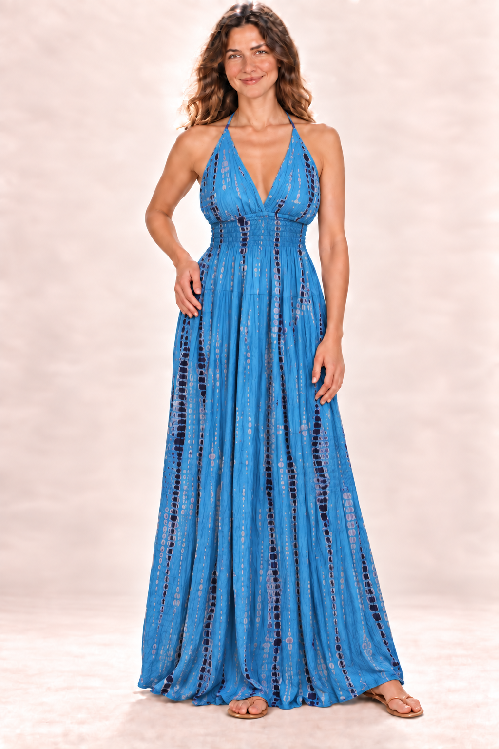 Long Halter Dress - Blue Pattern — front view