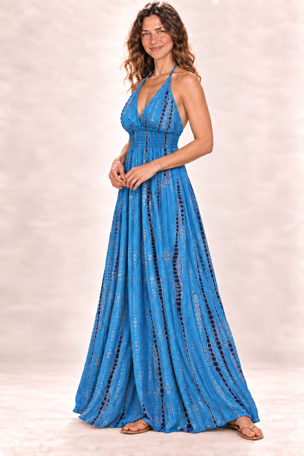 Long Halter Dress - Blue Pattern — Quarter Side