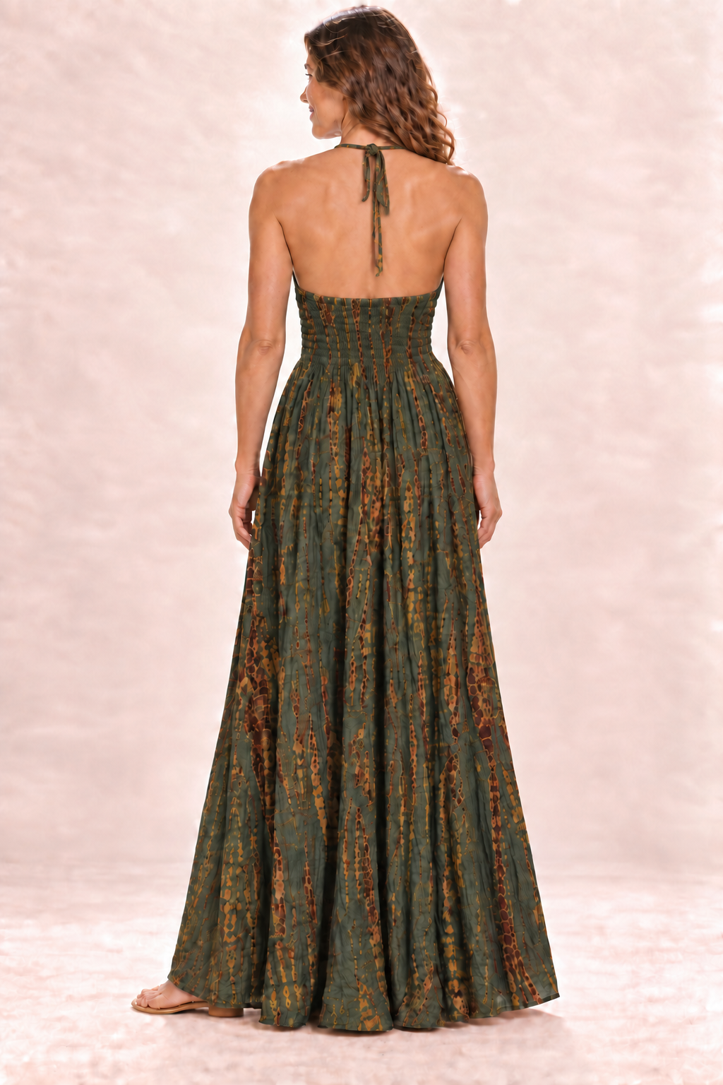 Long Halter Dress - Olive and Gold — Back