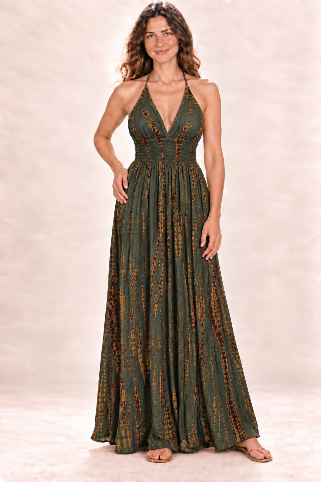 Long Halter Dress - Olive and Gold — front view