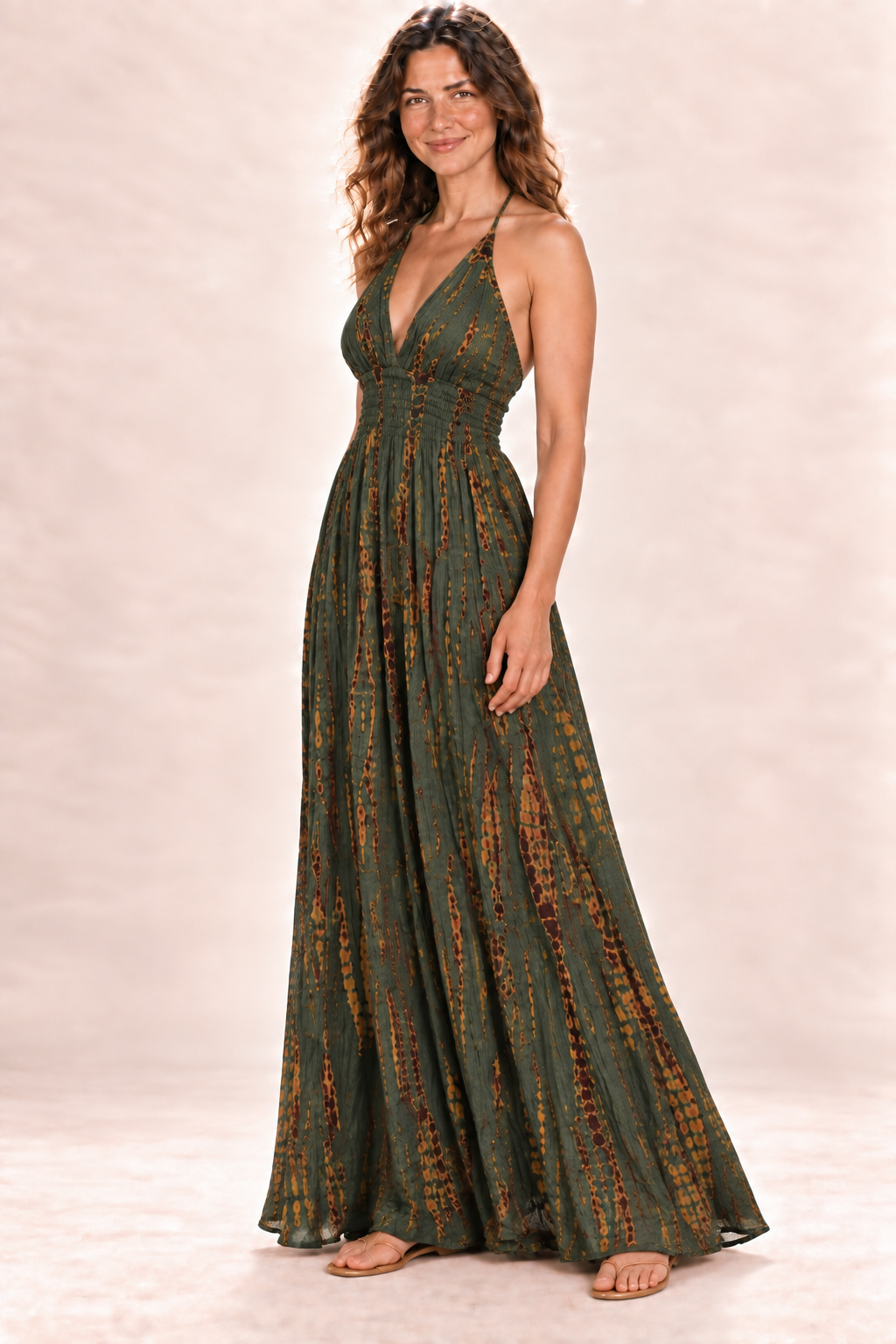 Long Halter Dress - Olive and Gold — Quarter Side