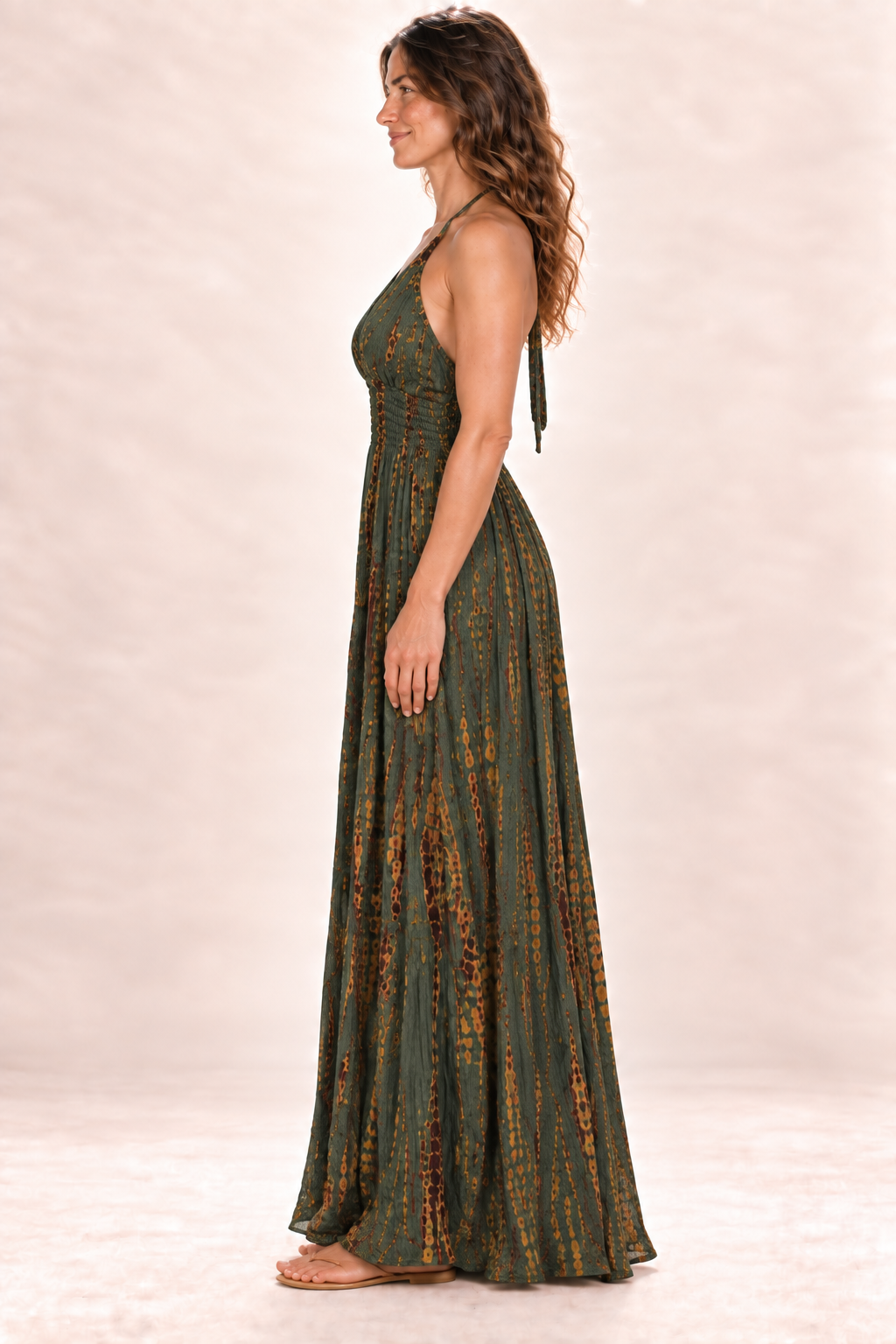Long Halter Dress - Olive and Gold — Side