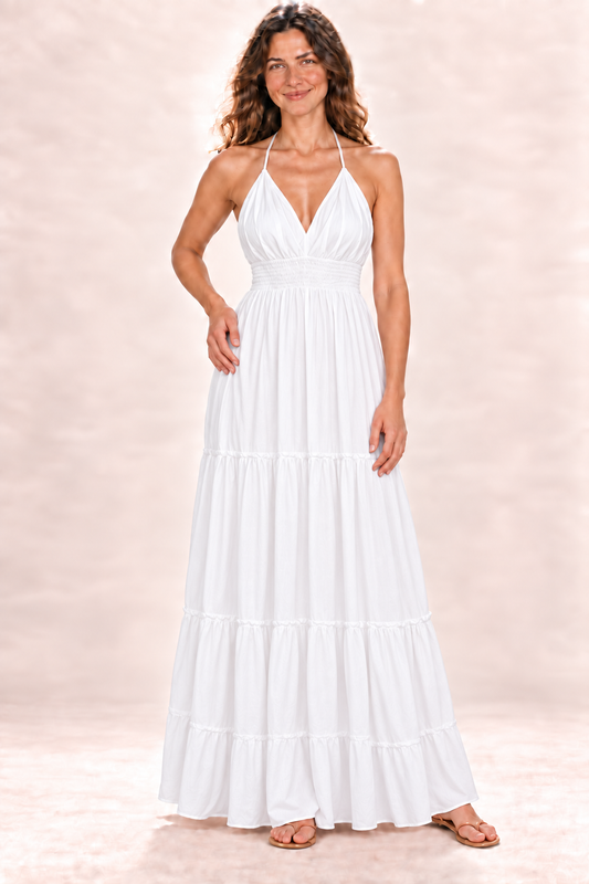 Long Halter Dress - White — front view