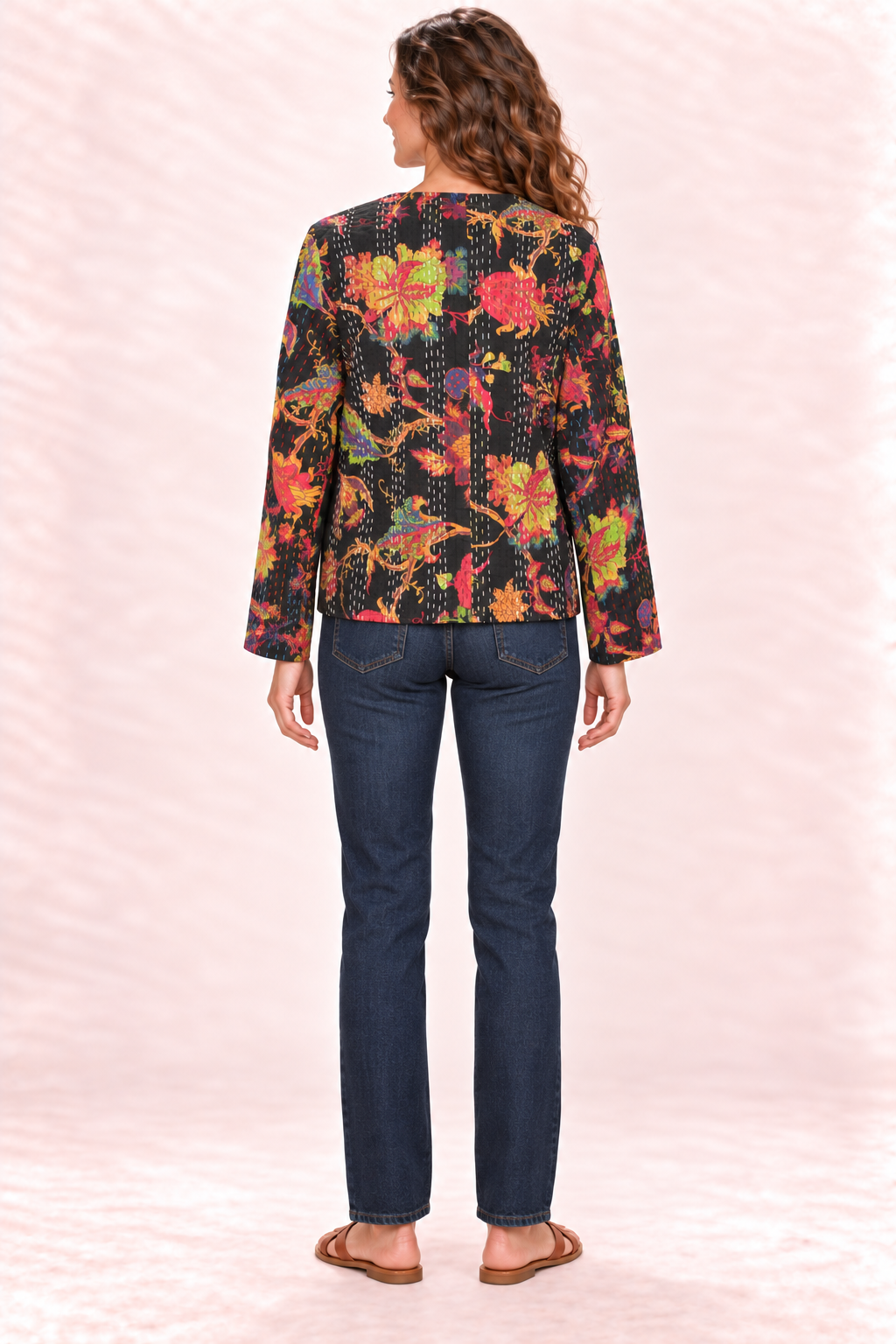 Quilted Jacket - Black Multicolour Floral — Back