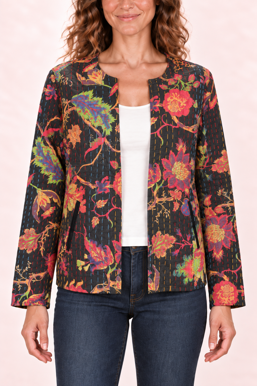 Quilted Jacket - Black Multicolour Floral — Closeup