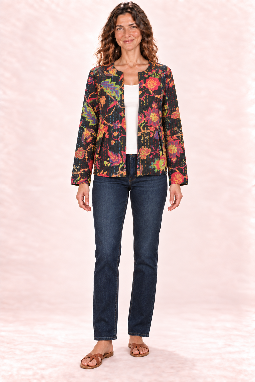 Quilted Jacket - Black Multicolour Floral — front view