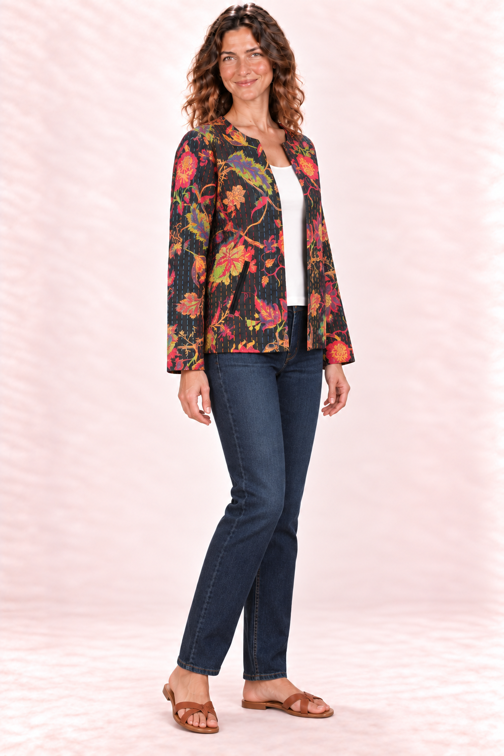 Quilted Jacket - Black Multicolour Floral — Quarter Side
