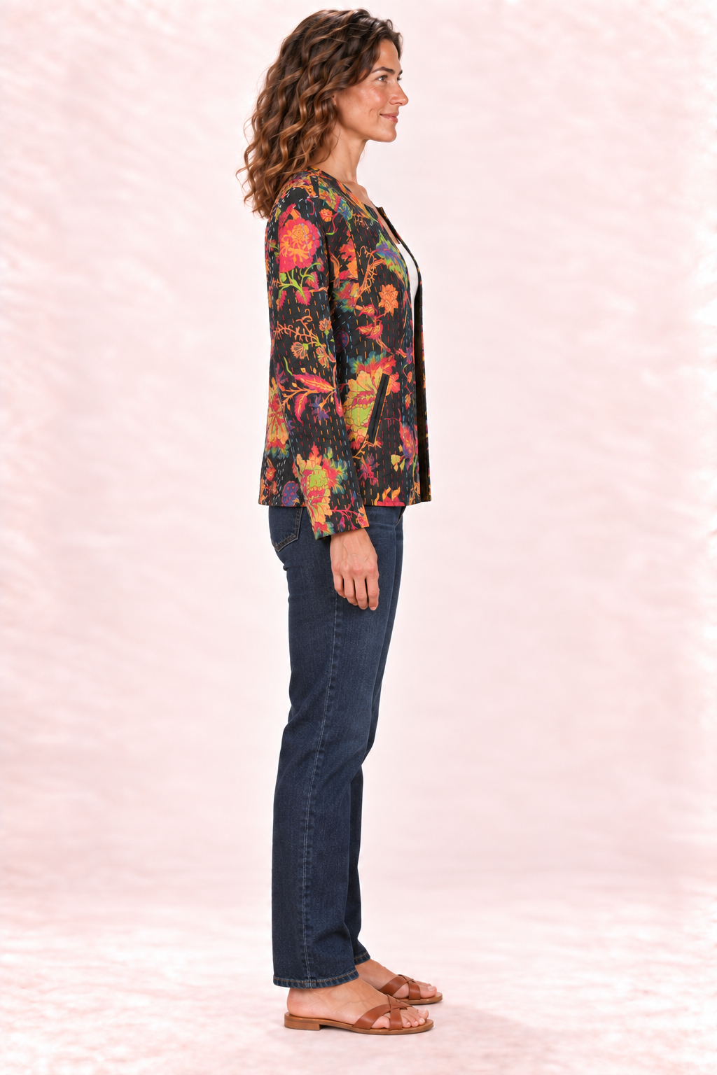 Quilted Jacket - Black Multicolour Floral — Side