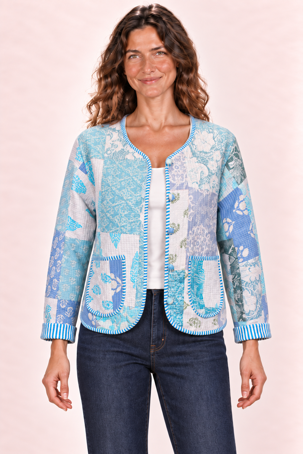 Reversible Jacket - Blue Patchwork and Light Blue Stripes — Side A - Blue Patchwork — Closeup