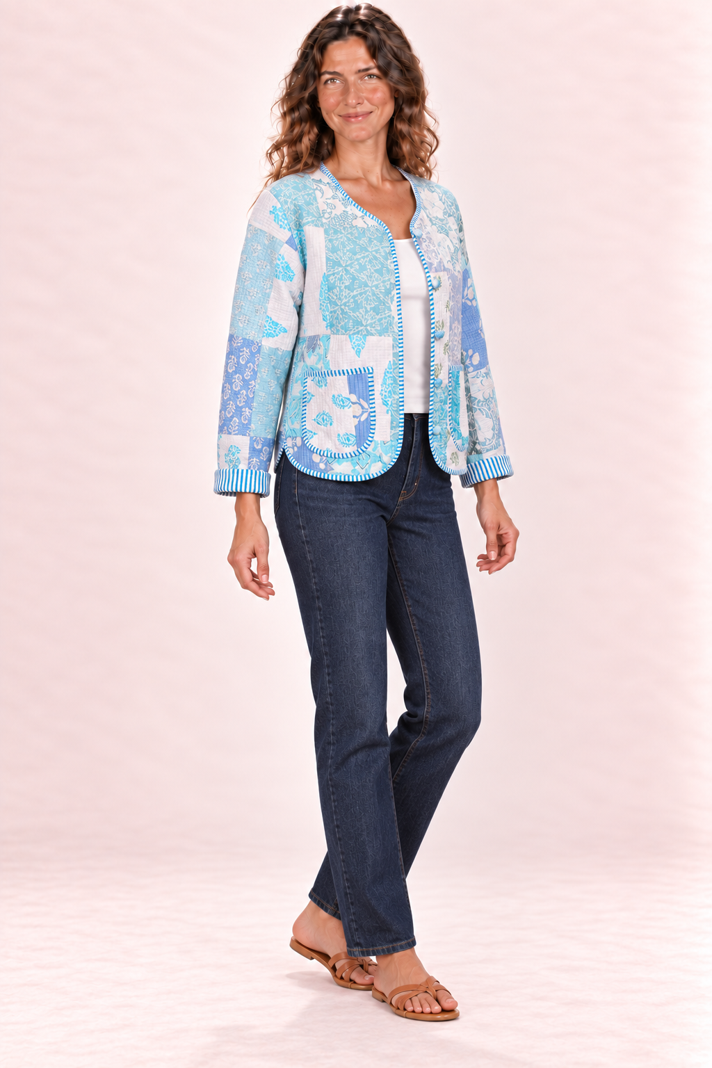 Reversible Jacket - Blue Patchwork and Light Blue Stripes — Side A - Blue Patchwork — Quarter Side