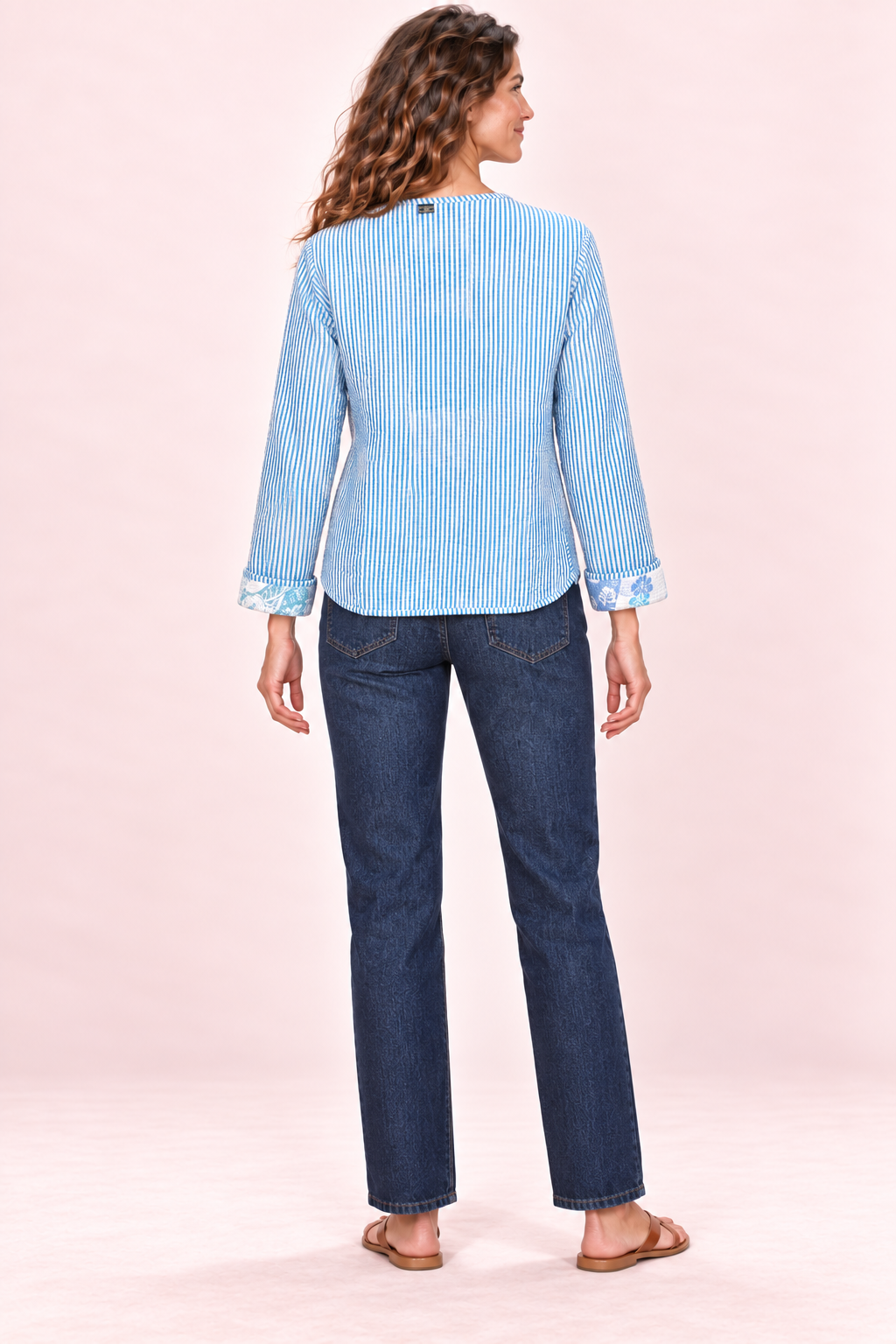 Reversible Jacket - Blue Patchwork and Light Blue Stripes — Side B - Light Blue Stripes — Back