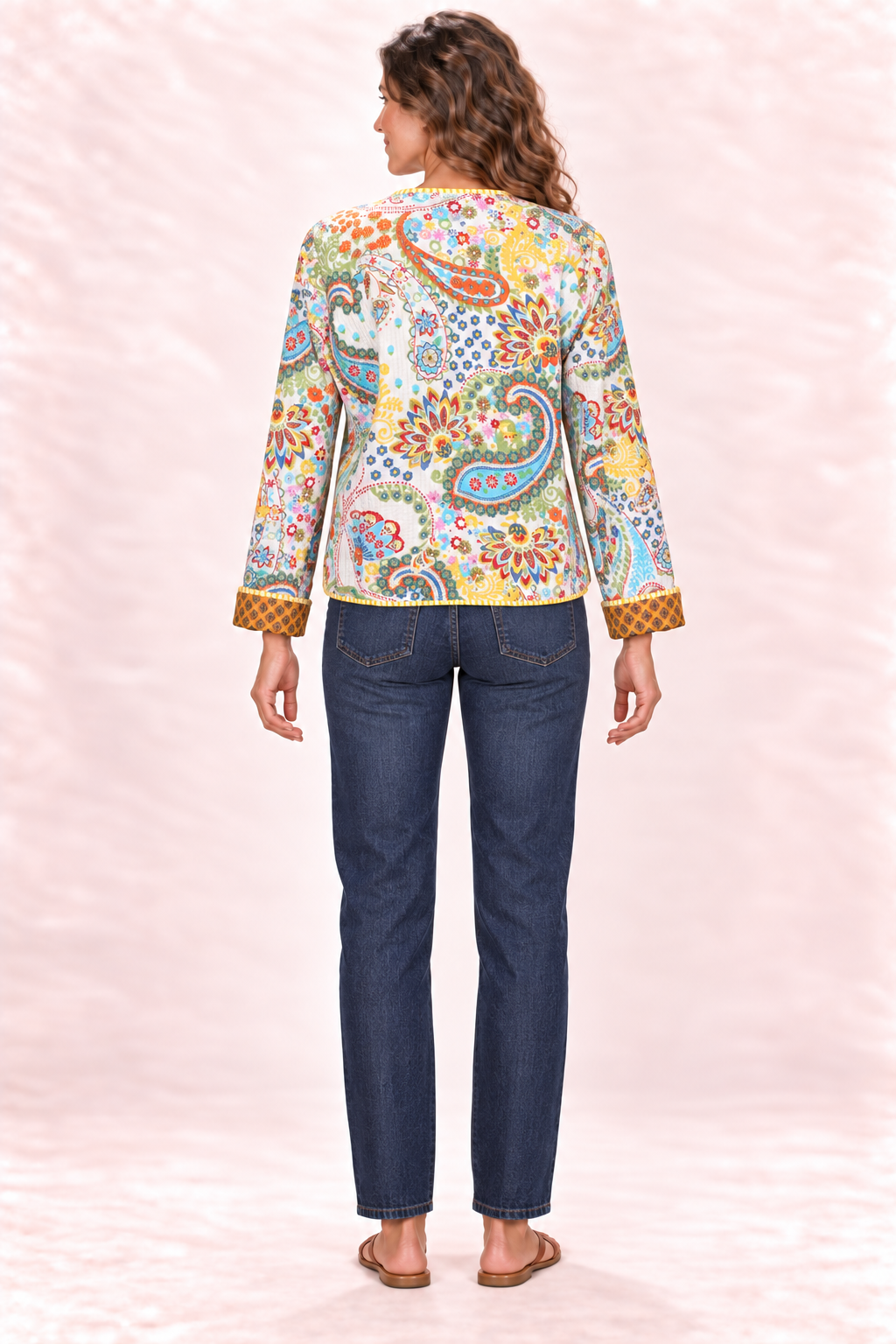 Reversible Jacket - Cream Multicolour Paisley and Mustard Diamond Pattern — Side A - Cream Multicolour Paisley — Back