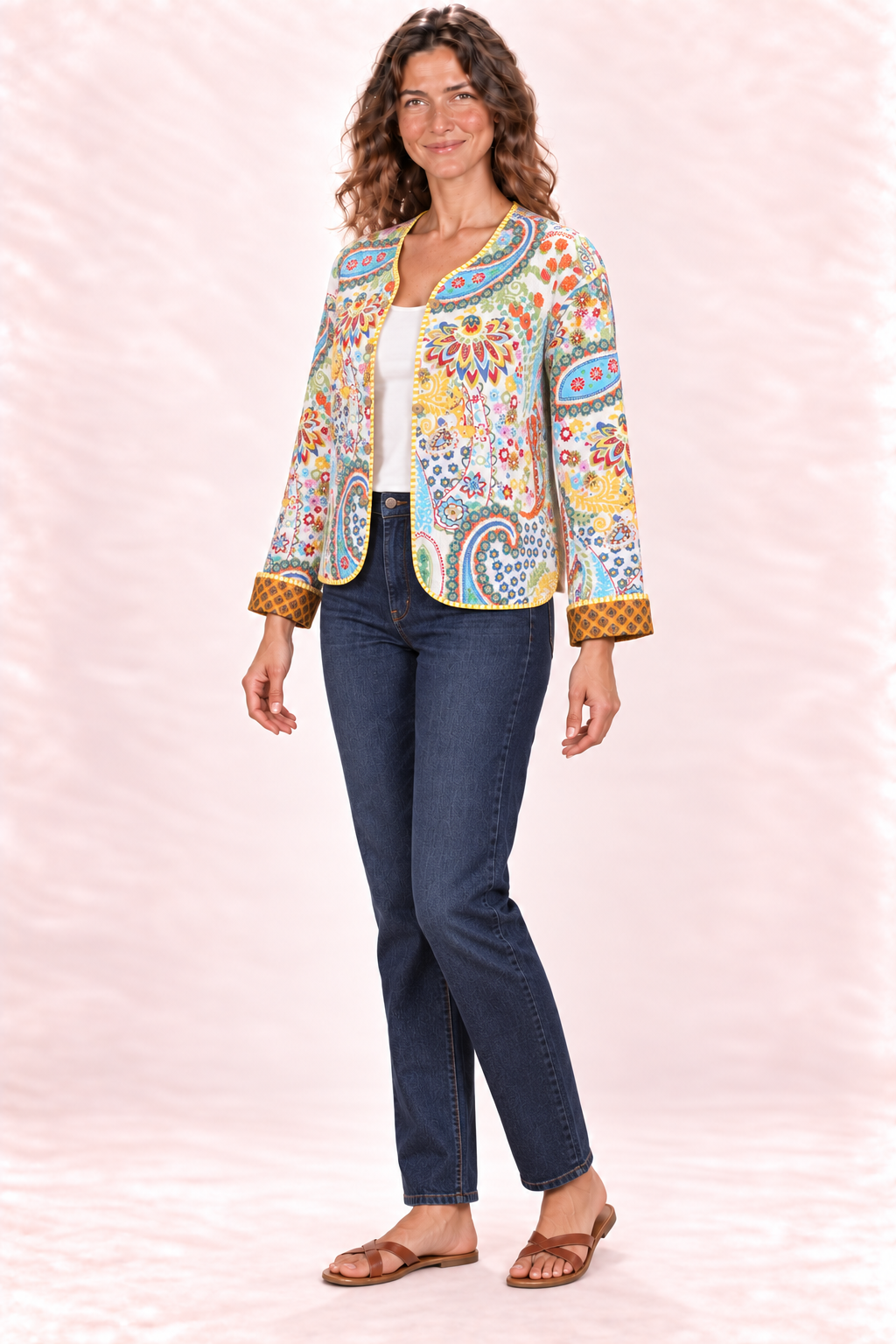 Reversible Jacket - Cream Multicolour Paisley and Mustard Diamond Pattern — Side A - Cream Multicolour Paisley — Quarter Side