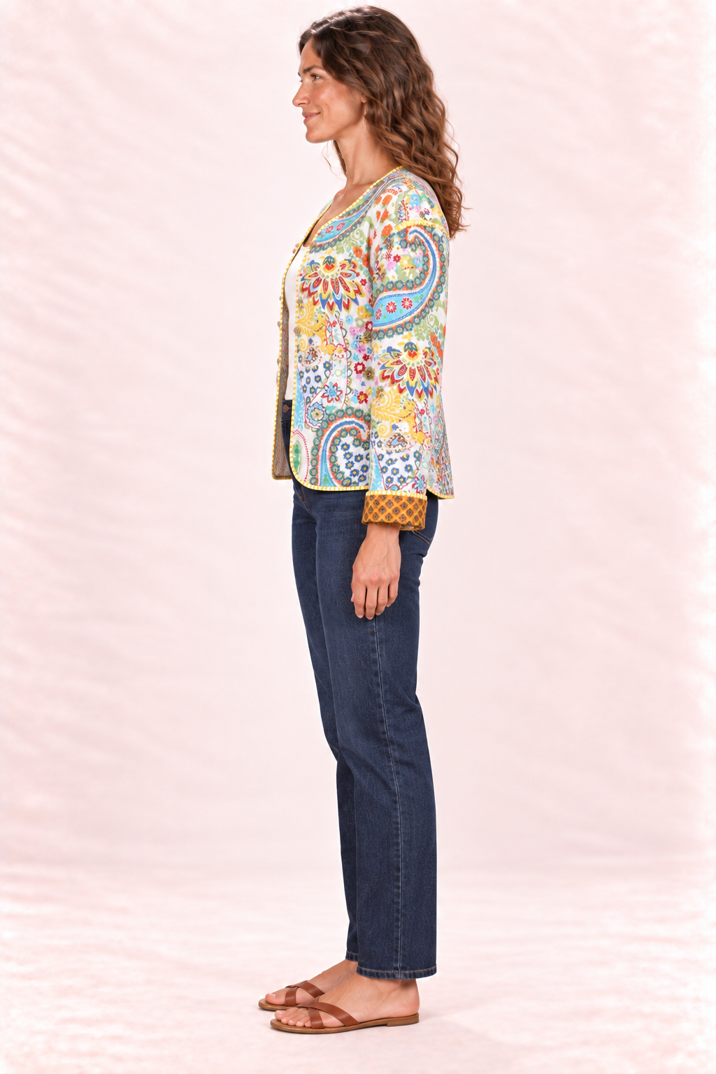 Reversible Jacket - Cream Multicolour Paisley and Mustard Diamond Pattern — Side A - Cream Multicolour Paisley — Side
