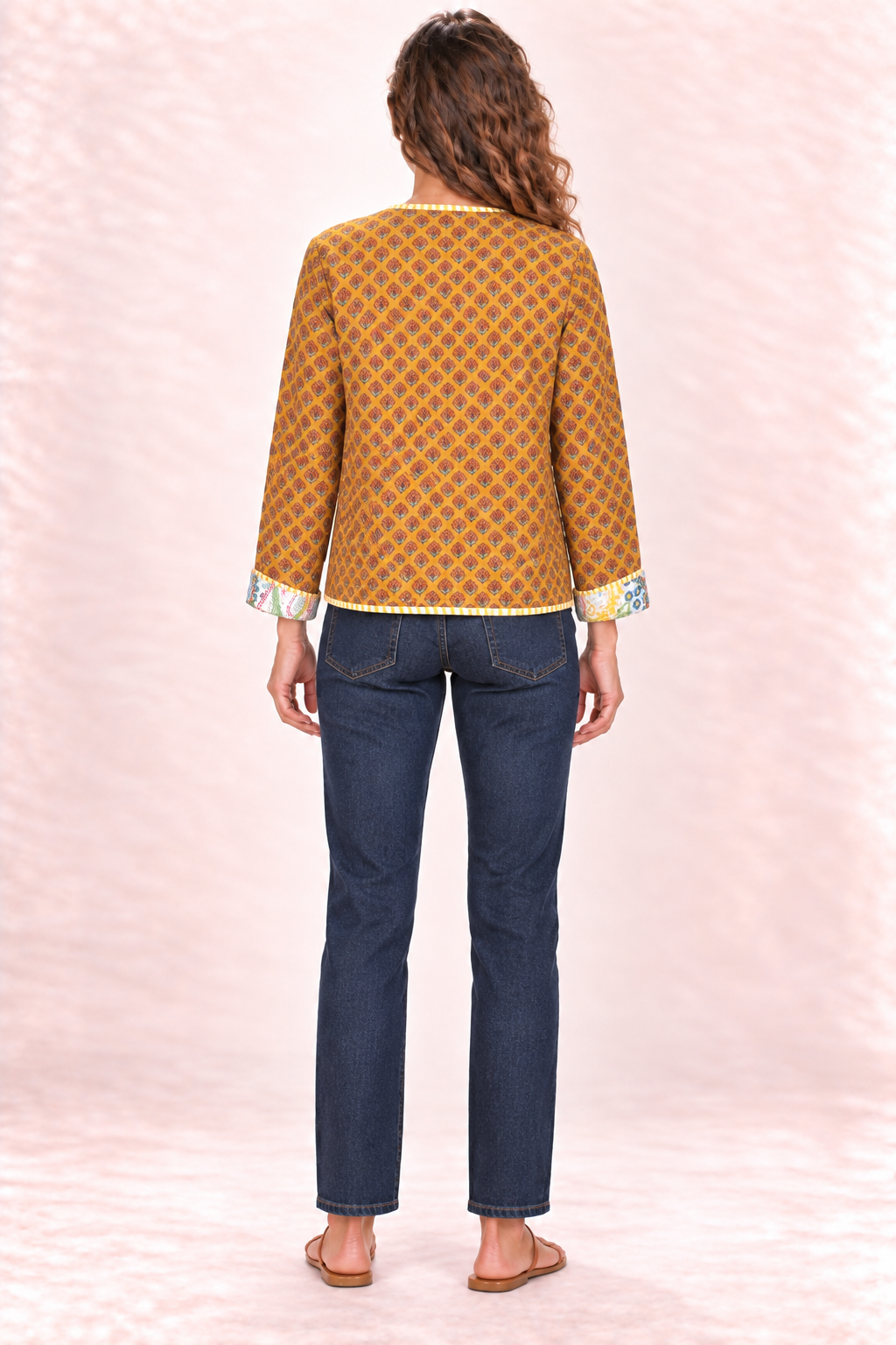 Reversible Jacket - Cream Multicolour Paisley and Mustard Diamond Pattern — Side B - Mustard Diamond Pattern — Back
