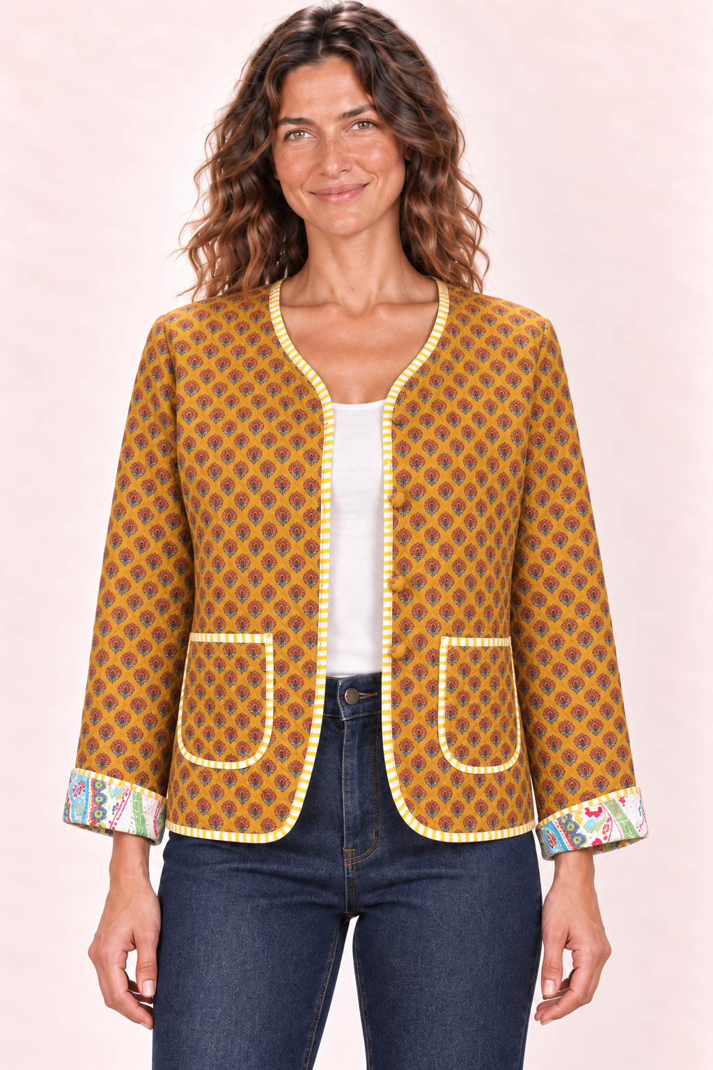 Reversible Jacket - Cream Multicolour Paisley and Mustard Diamond Pattern — Side B - Mustard Diamond Pattern — Closeup