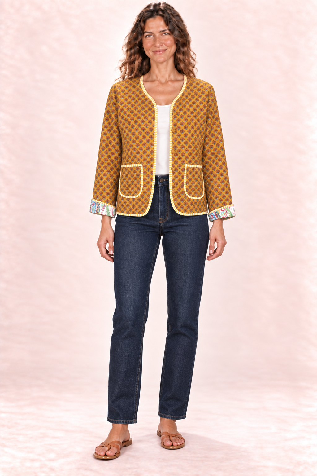Reversible Jacket - Cream Multicolour Paisley and Mustard Diamond Pattern — Side B - Mustard Diamond Pattern — front view