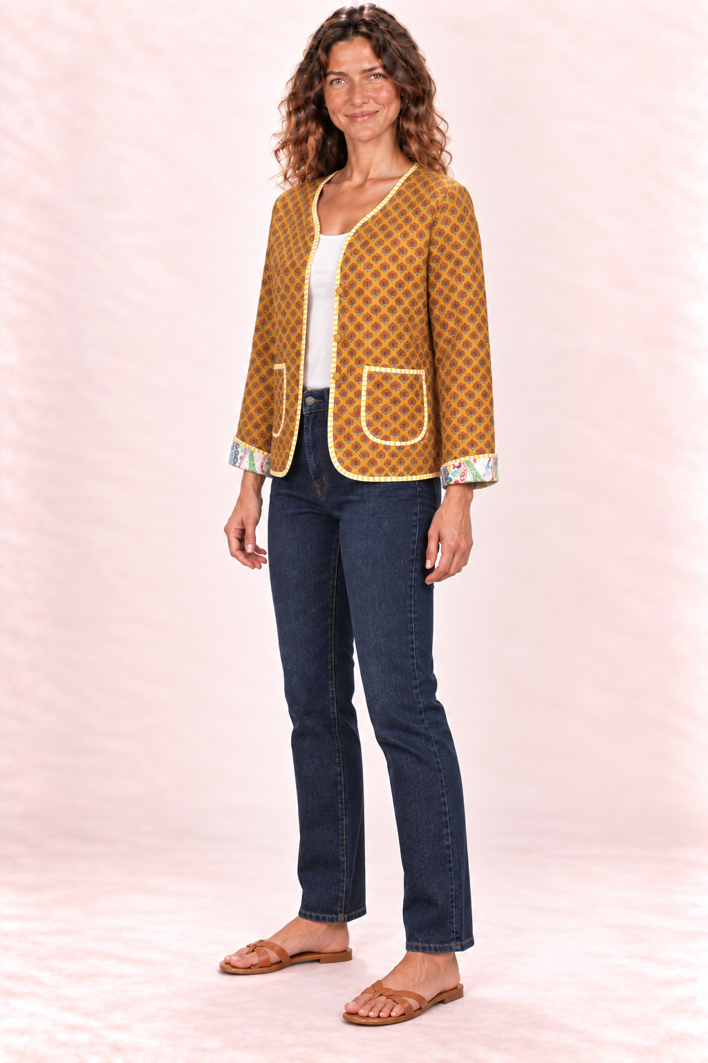 Reversible Jacket - Cream Multicolour Paisley and Mustard Diamond Pattern — Side B - Mustard Diamond Pattern — Quarter Side