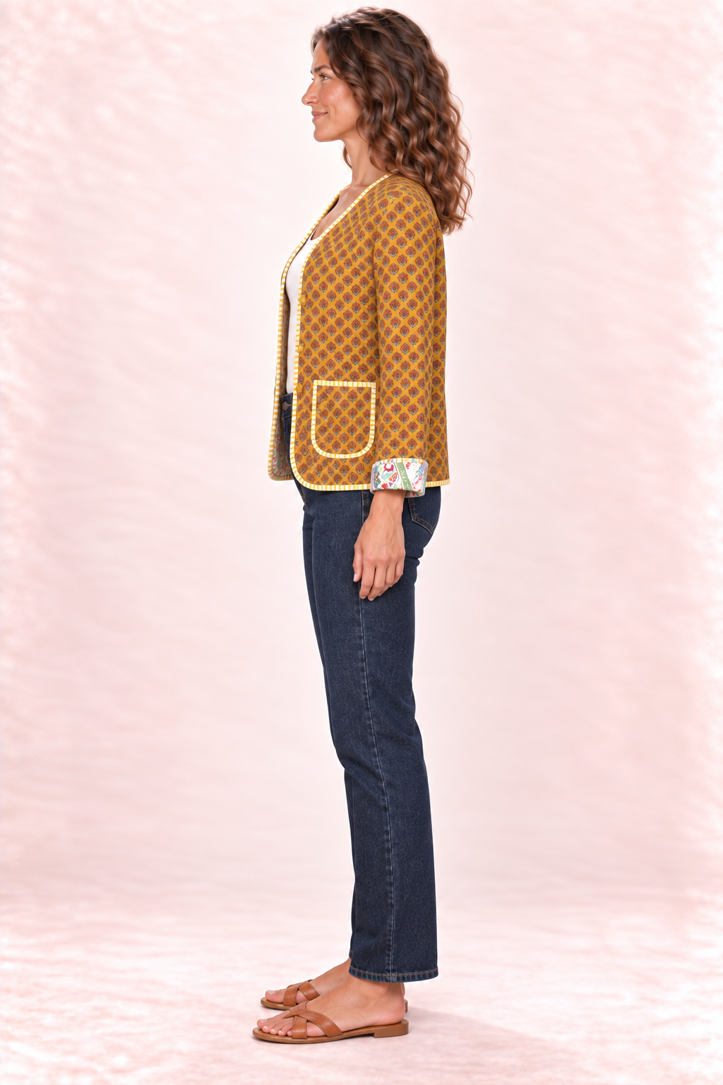 Reversible Jacket - Cream Multicolour Paisley and Mustard Diamond Pattern — Side B - Mustard Diamond Pattern — Side