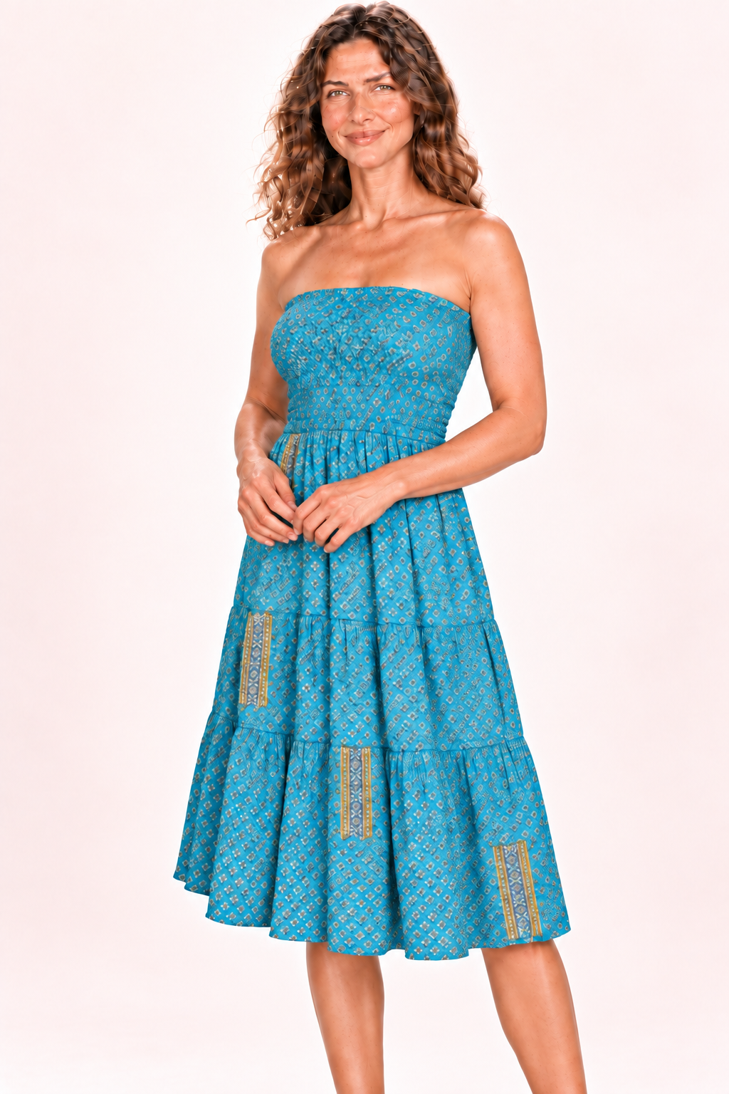 Silk Long Dress and Skirt - Turquoise Pattern — Dress — Closeup