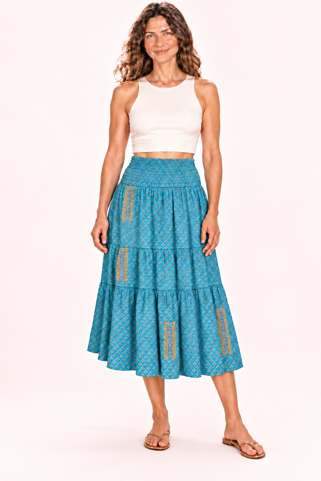 Silk Long Dress and Skirt - Turquoise Pattern — Skirt — front view