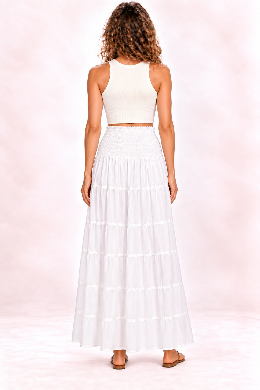 Silk Long Dress and Skirt - White — Skirt — Back