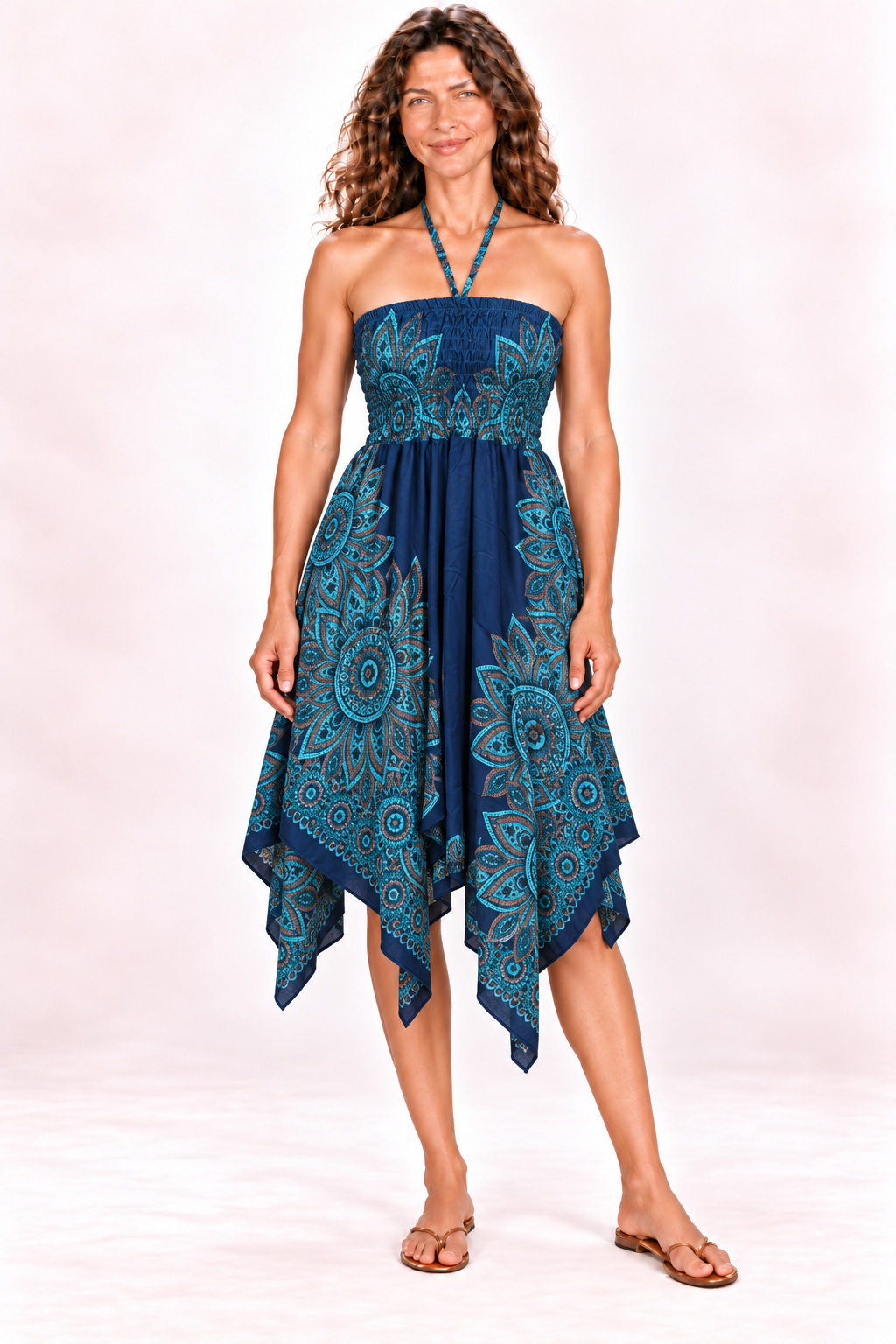 Zig Zag Dress and Skirt - Navy Turquoise Mandala — Dress — front view
