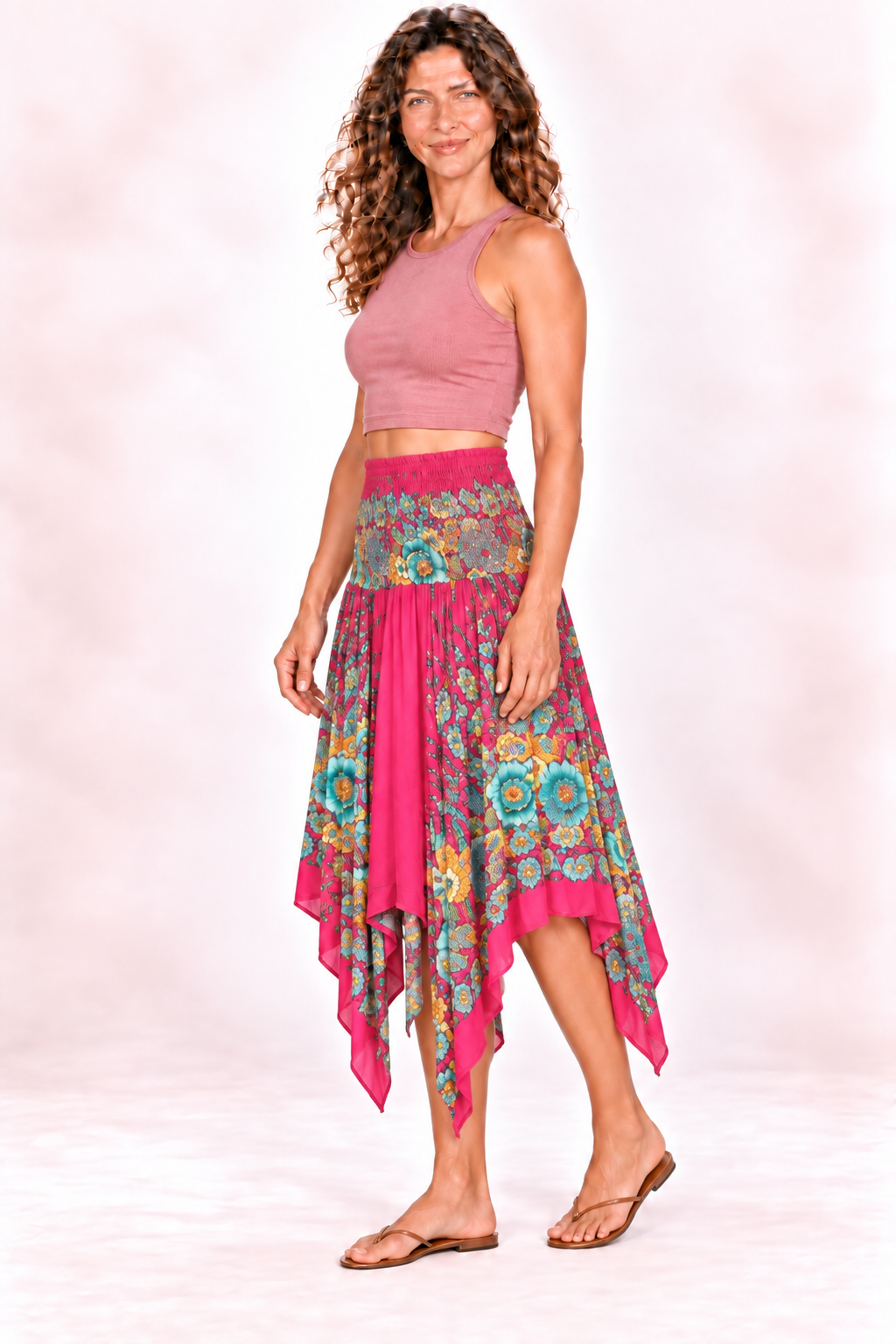 Zig Zag Dress and Skirt - Pink Multicolour Floral — Skirt — Quarter Side