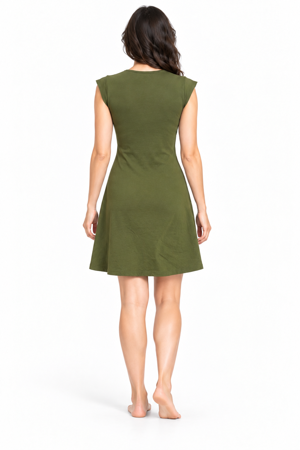 Olive Green Cap Sleeve Dress — straight back model view