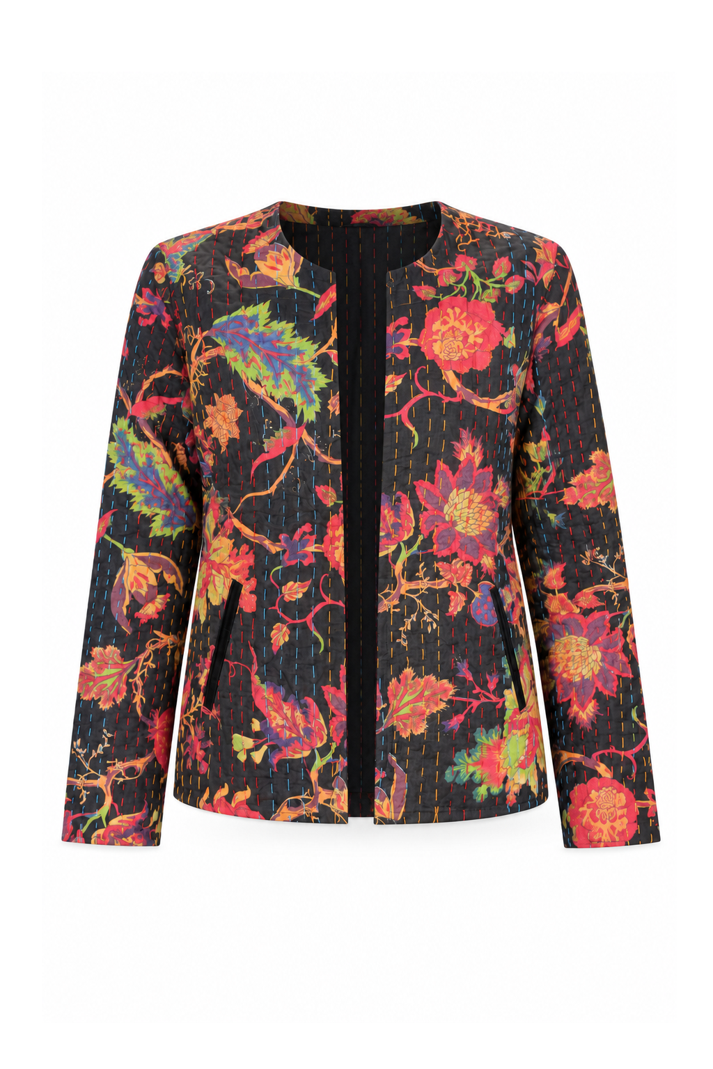 Open-Front Quilted Cotton Jacket - Black Multicolour Floral - ghost mannequin, normalized primary image
