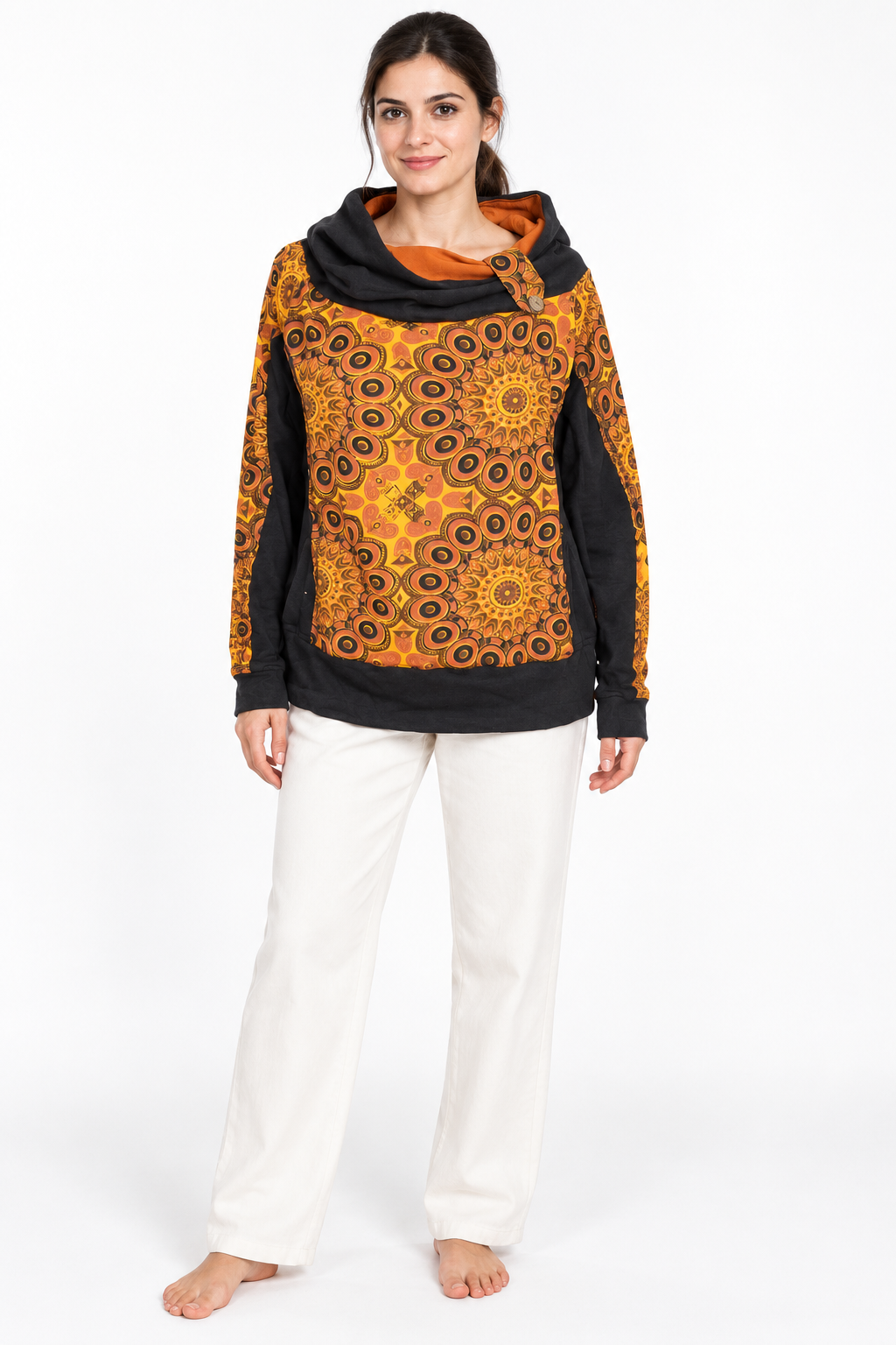 Orange Black Mandala Pattern jacket, model front view