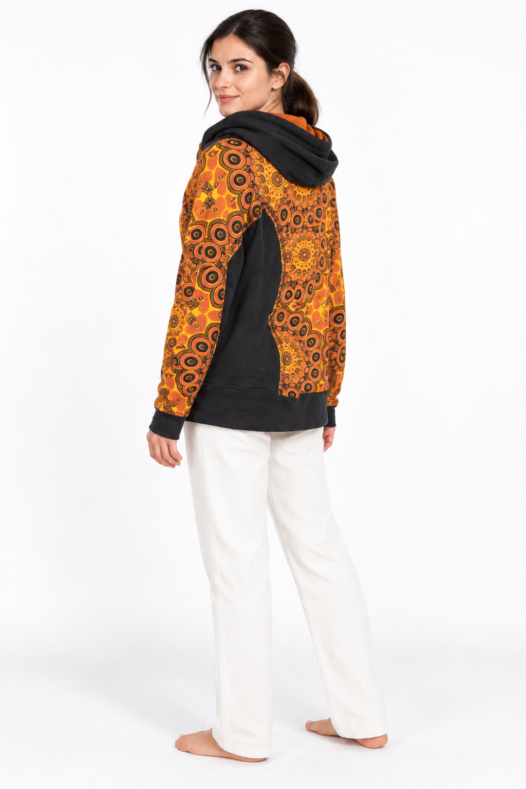 Orange Black Mandala Pattern jacket, three-quarter back view