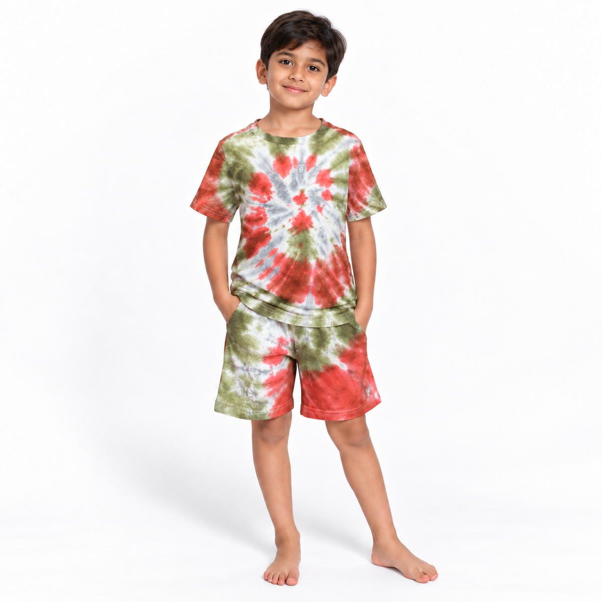 Orange Olive Cotton Tie-Dye Tee and Shorts Set